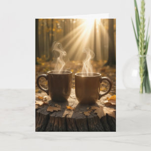 Tarjeta Aniversario alimentando tazas de café con un árbol