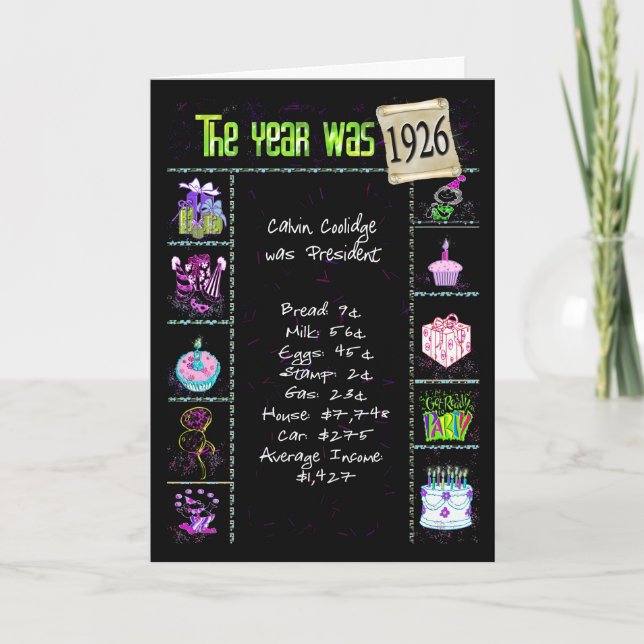 Tarjeta Aniversario Año 1926 Diversión Trivia Hechos (Anverso)