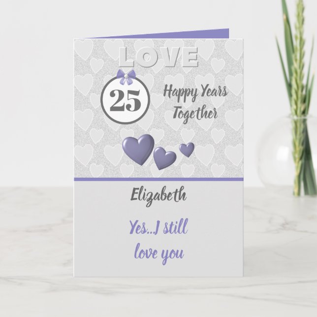Tarjeta Aniversario boda 25ª plata 25 años morado (Anverso)