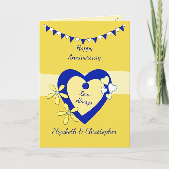 Tarjeta Aniversario boda amarillo con amarre y corazones (Anverso)