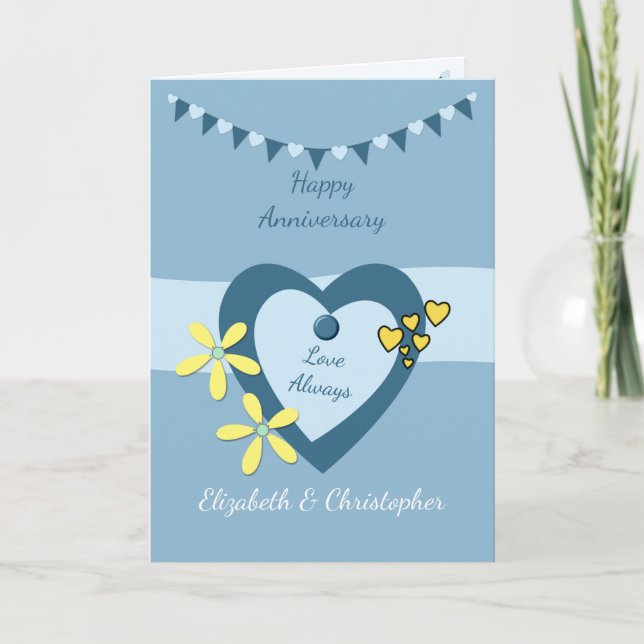 Tarjeta Aniversario boda azul con amarre y corazones (Anverso)
