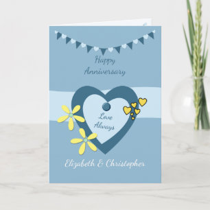 Tarjeta Aniversario boda azul con amarre y corazones