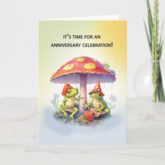 Tarjeta Aniversario boda dos graciosas ranas bajo hongos (Anverso)