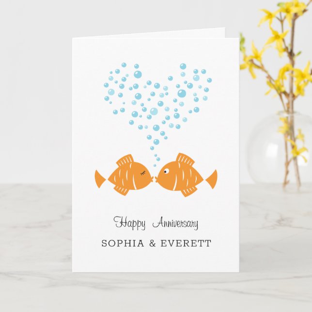 Tarjeta Aniversario boda Pescado del Corazón Pareja Casada (flor amarilla)