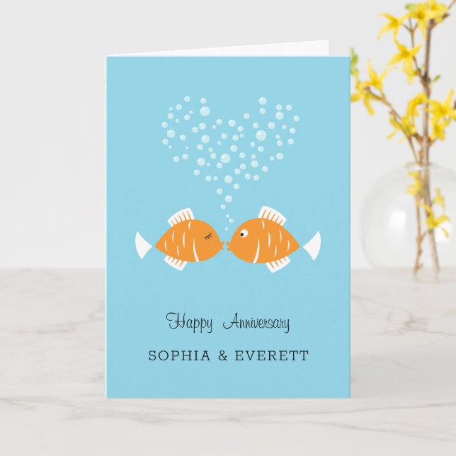 Tarjeta Aniversario boda Pescado del Corazón Pareja Casada (flor amarilla)