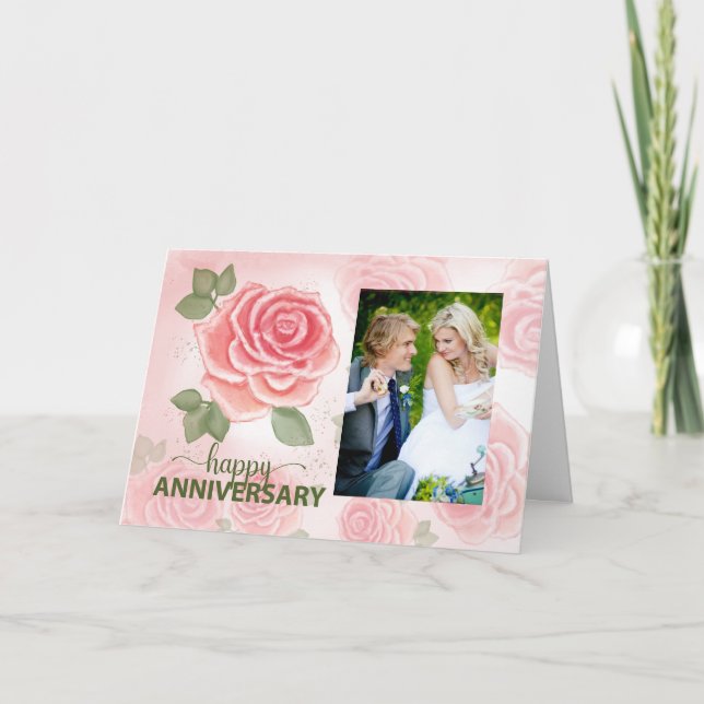 Tarjeta Aniversario boda Rosas suaves con foto Personaliza (Anverso)
