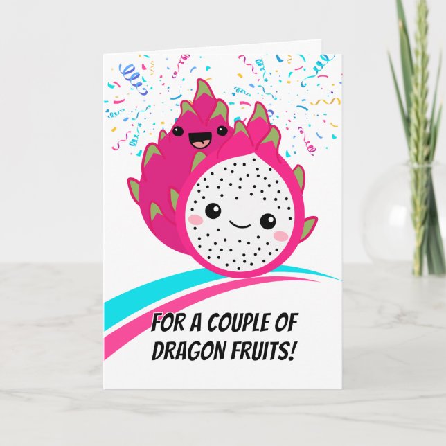 Tarjeta Aniversario Cute Dragón Tropical Pareja de Frutas (Anverso)