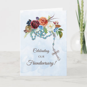 Tarjeta Aniversario de Amistad con Rosario Católico y Flor