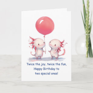 Tarjeta Aniversario de Axolotl quiere mellizos en globo ro
