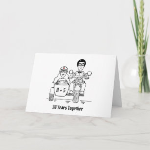 Tarjeta Aniversario de boda en moto y sidecar