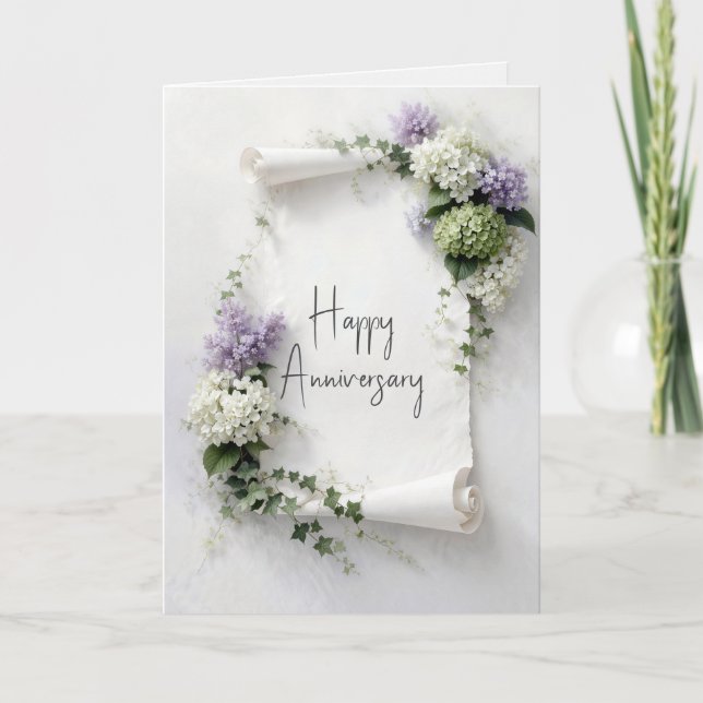 Tarjeta Aniversario de Boda Pergamino Lilas e Hydrangeas (Anverso)