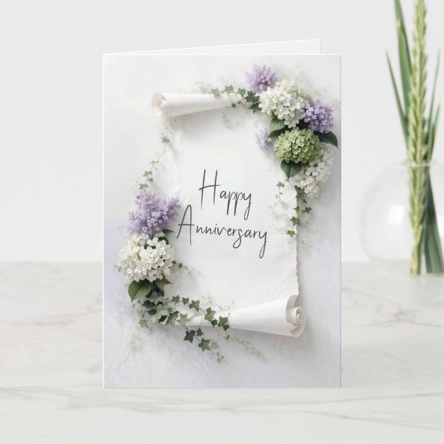 Tarjeta Aniversario de Boda Pergamino Lilas e Hydrangeas (Anverso)