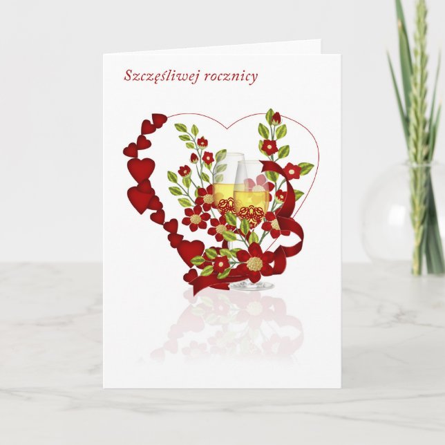 Tarjeta Aniversario de Boda Polaco Con Flores de Champán (Anverso)