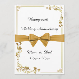 Tarjeta Aniversario de bodas, blanco, cinta dorada, texto 