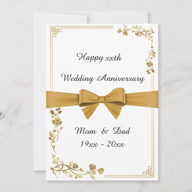Tarjeta Aniversario de bodas, blanco, cinta dorada, texto  (Anverso)