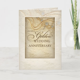 Tarjeta Aniversario de bodas de oro número 50, perlas y en