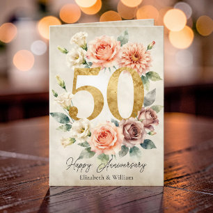 Tarjeta Aniversario de bodas de oro Vintage Floral Melocot