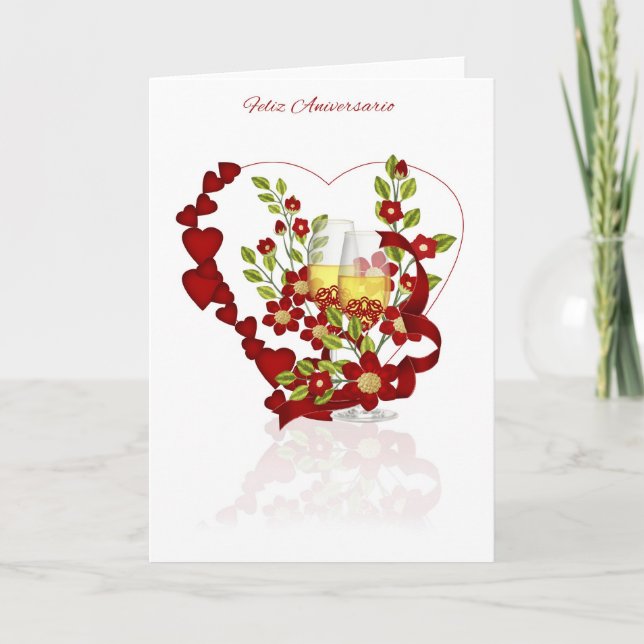 Tarjeta Aniversario de bodas español con flores de champán (Anverso)