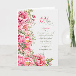 Tarjeta Aniversario de bodas número 12 Peonías rosadas sen