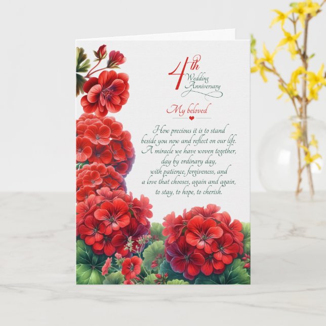 Tarjeta Aniversario de bodas número 4 Geranios sentimental (flor amarilla)