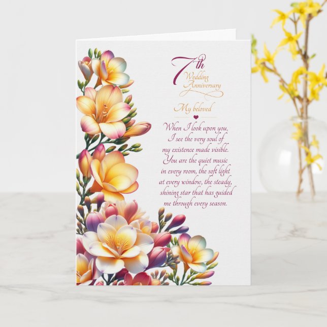 Tarjeta Aniversario de bodas número 7 Flor de Freesia Sent (flor amarilla)