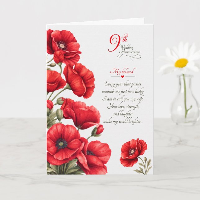 Tarjeta Aniversario de bodas número 9 sentimental amapolas (Planta pequeña)