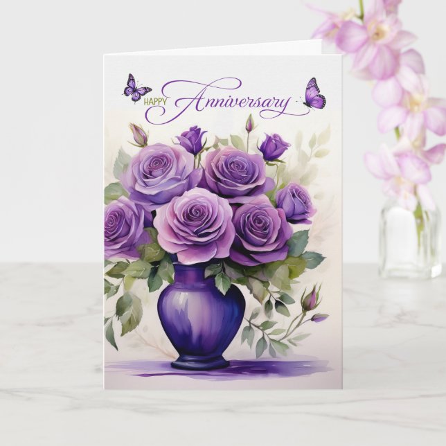 Tarjeta Aniversario de bodas Rosas morados y mariposas (Orquídea)