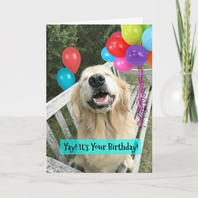 Tarjeta Aniversario de Golden Retriever con globos (Anverso)