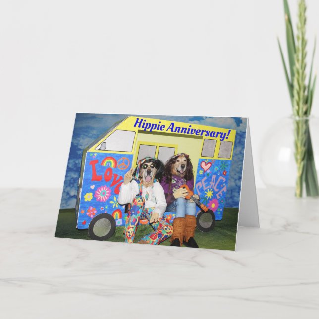 Tarjeta Aniversario de Hippie de Golden Retriever (Anverso)