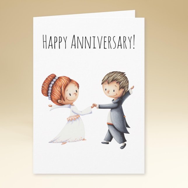 Tarjeta Aniversario de la Boda de danza de novias y novias (Minimalist illustrated wedding anniversary card with the bride and groom dancing their first waltz)