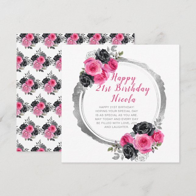 Tarjeta Aniversario de la Flor Elegante Plata y Rosa Calie (Anverso / Reverso)