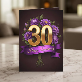 Tarjeta Aniversario de la floral dorada púrpura 30° Boda