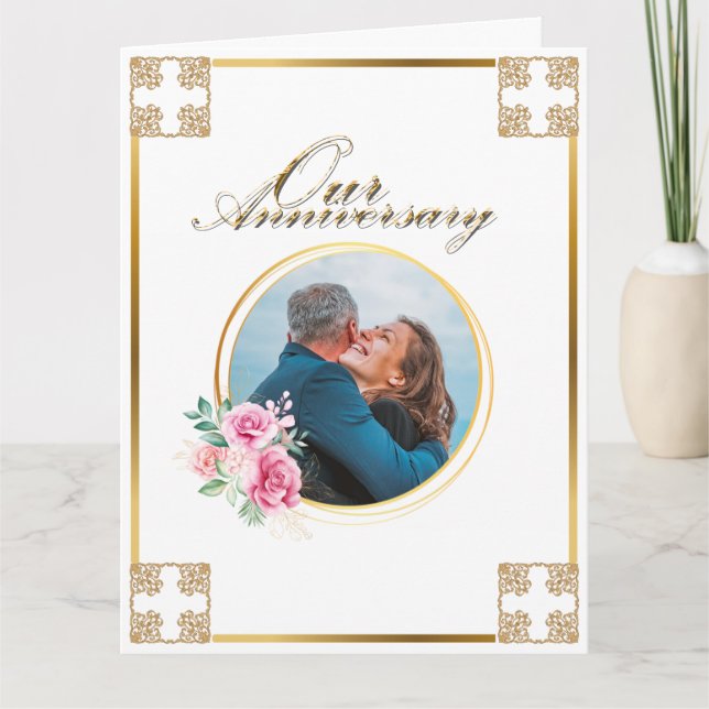 Tarjeta Aniversario de la foto rosa cruz de oro de DIY (Anverso)
