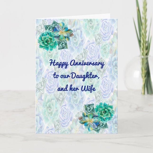 Tarjeta Aniversario de la hija y esposa en azul y verde (Anverso)