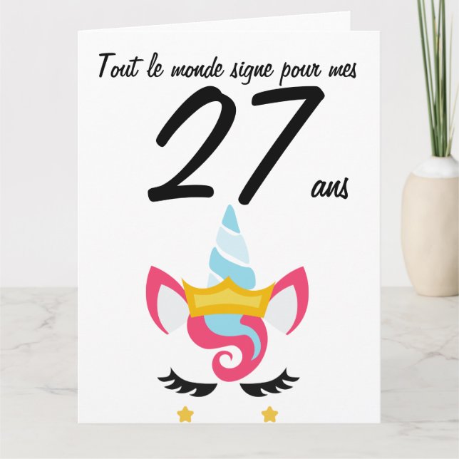 Tarjeta Aniversario de la letra 27 en gran formato licorne (Anverso)