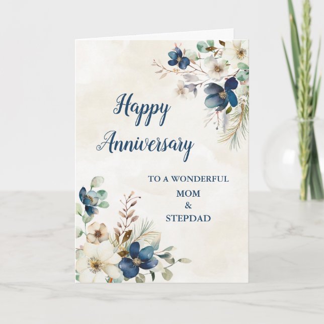 Tarjeta Aniversario de la Madre Azul y el Boda Stepdad (Anverso)