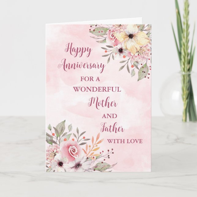 Tarjeta Aniversario de la madre floral y el padre Boda (Anverso)