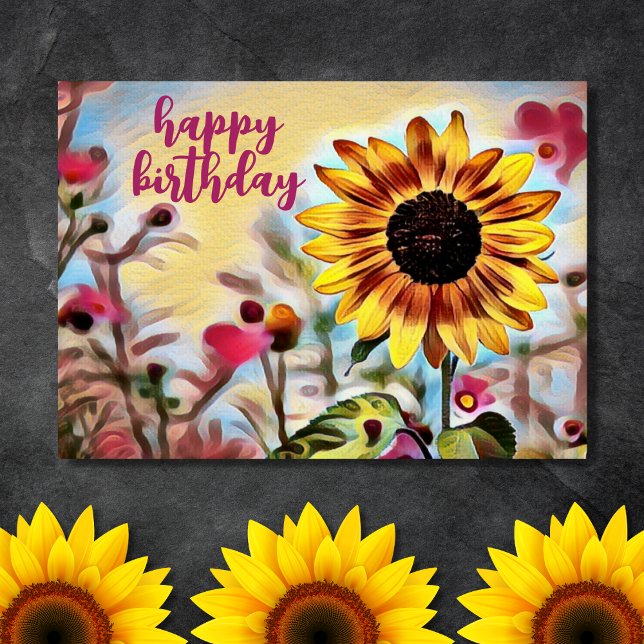 Tarjeta Aniversario de la natalidad del girasol amarillo b (Front - Pretty Yellow Sunflower and Pink Flowers Birthday Card)