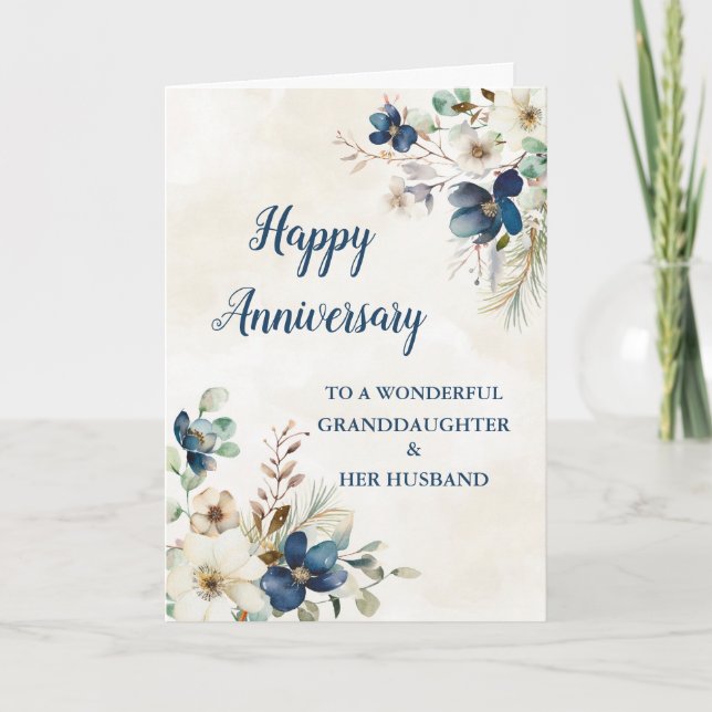Tarjeta Aniversario de la nieta azul y del Boda del marido (Anverso)