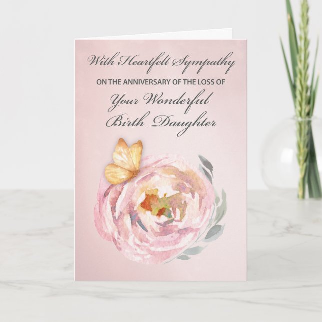 Tarjeta Aniversario de la pérdida de la hija Mariposa Rosa (Anverso)