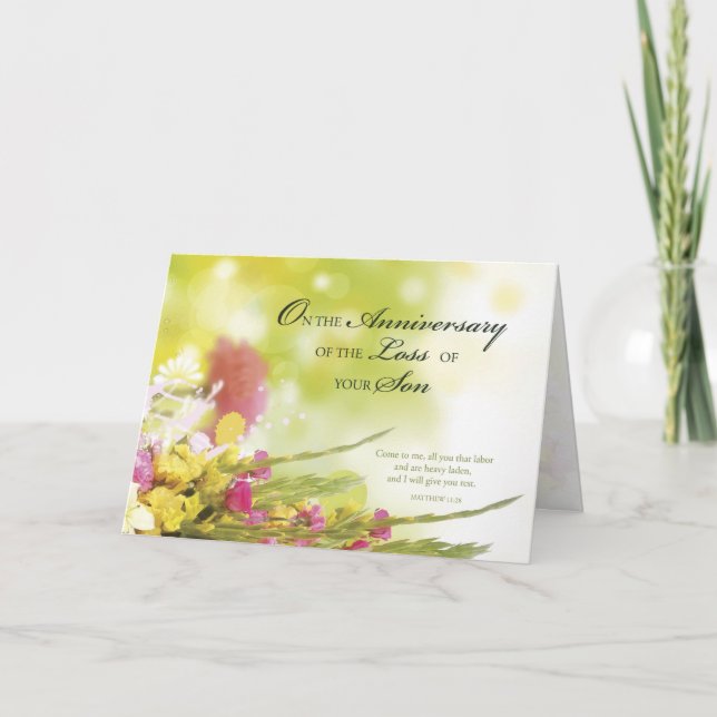 Tarjeta Aniversario de la pérdida de un hijo, muerte, flor (Anverso)