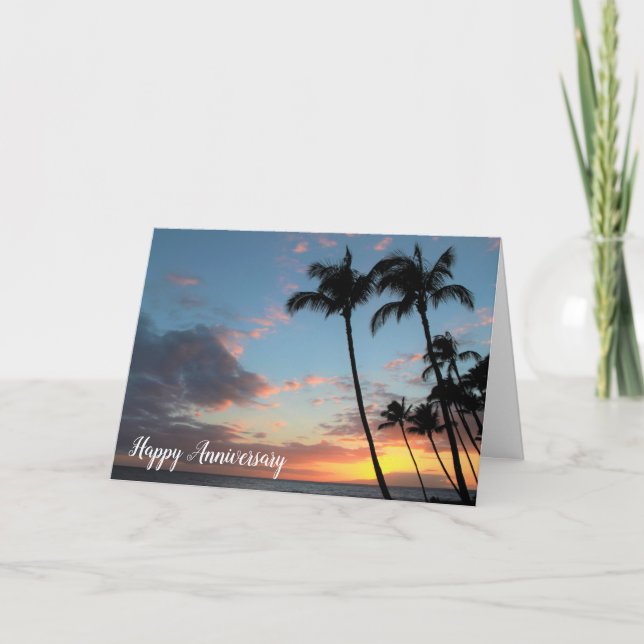 Tarjeta Aniversario de la puesta de sol y palmeras de Maui (Anverso)