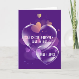 Tarjeta Aniversario de las burbujas del corazón en morado