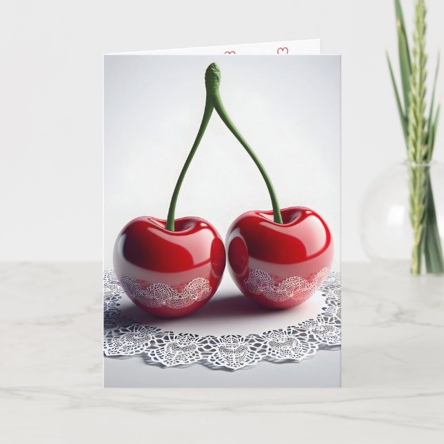 Tarjeta Aniversario De Las Cerezas De Maraschino En Lace (Anverso)
