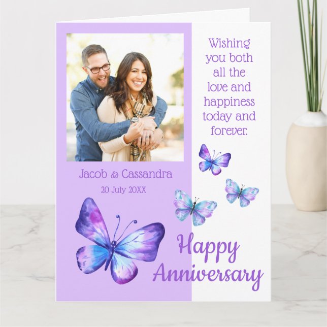 Tarjeta Aniversario de las Mariposas Azules Moradas, foto  (Anverso)
