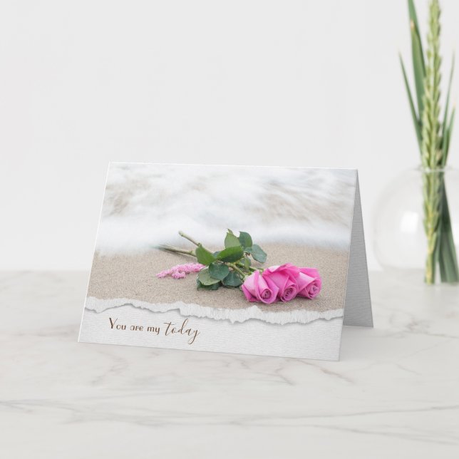 Tarjeta Aniversario De Las Rosas Rosa En La Playa (Anverso)