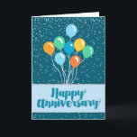 Tarjeta Aniversario de los empleados - Globos y Confetti<br><div class="desc">Esta es una tarjeta de aniversario de los empleados con globos coloridos montados contra un azul oscuro de jade, con elementos decorativos de celebración brillantes creados digitalmente, fondo. En la parte inferior del diseño se encuentra el texto 'Aniversario feliz' en una letra negrita, de efecto mano libre, con un contorno...</div>