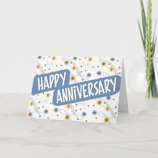 Tarjeta Aniversario de los empleados - Patrón en azul y bl (Anverso)