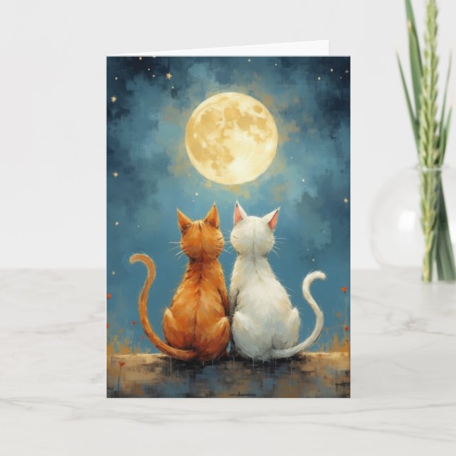 Tarjeta Aniversario de los gatos de amor bajo la Luna en P (Anverso)