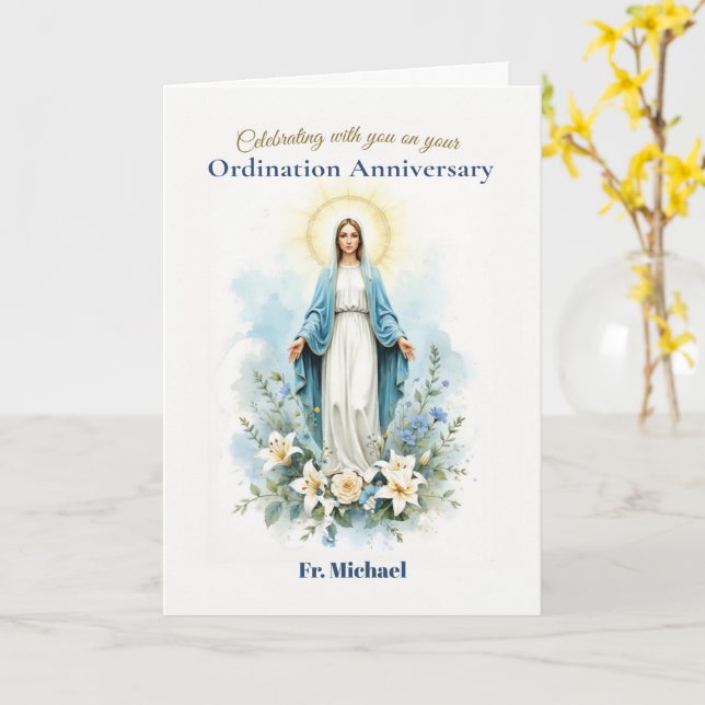 Tarjeta Aniversario de Ordenación Bendiciones Marianas con (flor amarilla)